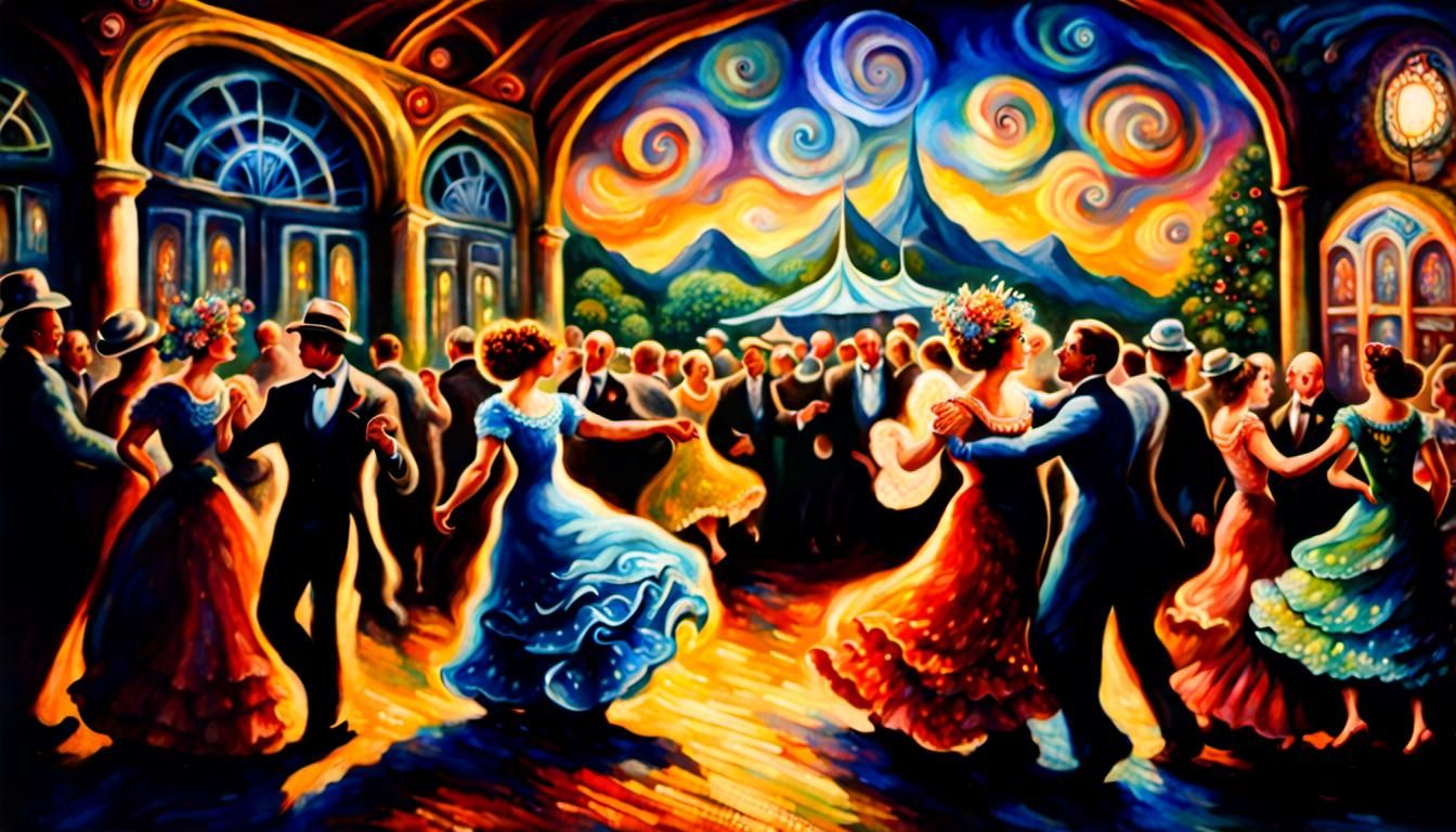 Surreal 1930s Dance Hall, Dreamlike Illustration