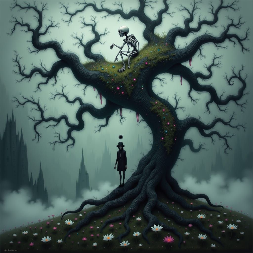 Eerie Skeleton in Misty Tree, Mystical Art