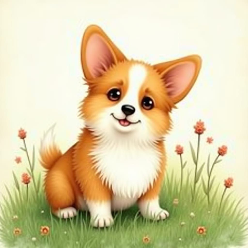 Whimsical Corgi in Meadow, Watercolor Style