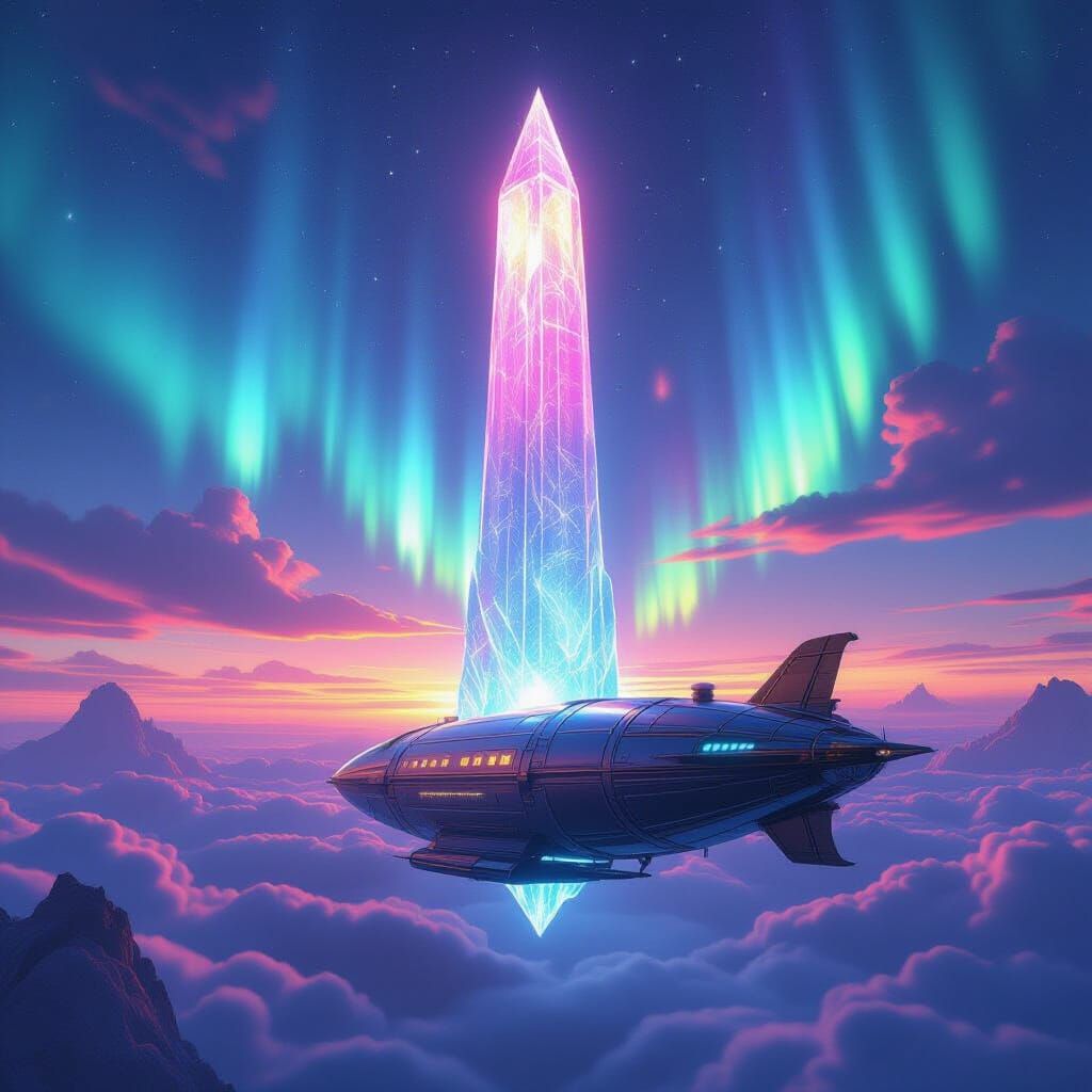 Atlantis Restored: Crystal Spire Under Psychedelic Sky