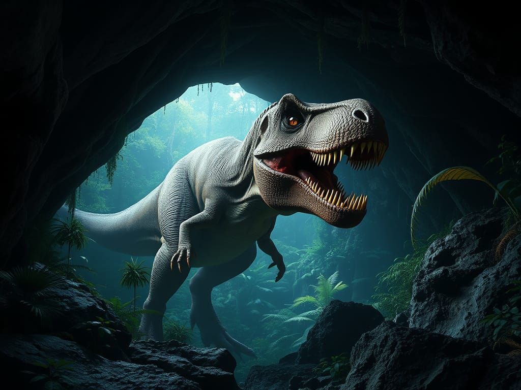 Dinosaurs in Ancient Jungle Cave Scene