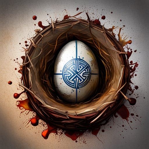 Viking Runes Egg in Swords Nest, Hyperrealistic Graffiti Art