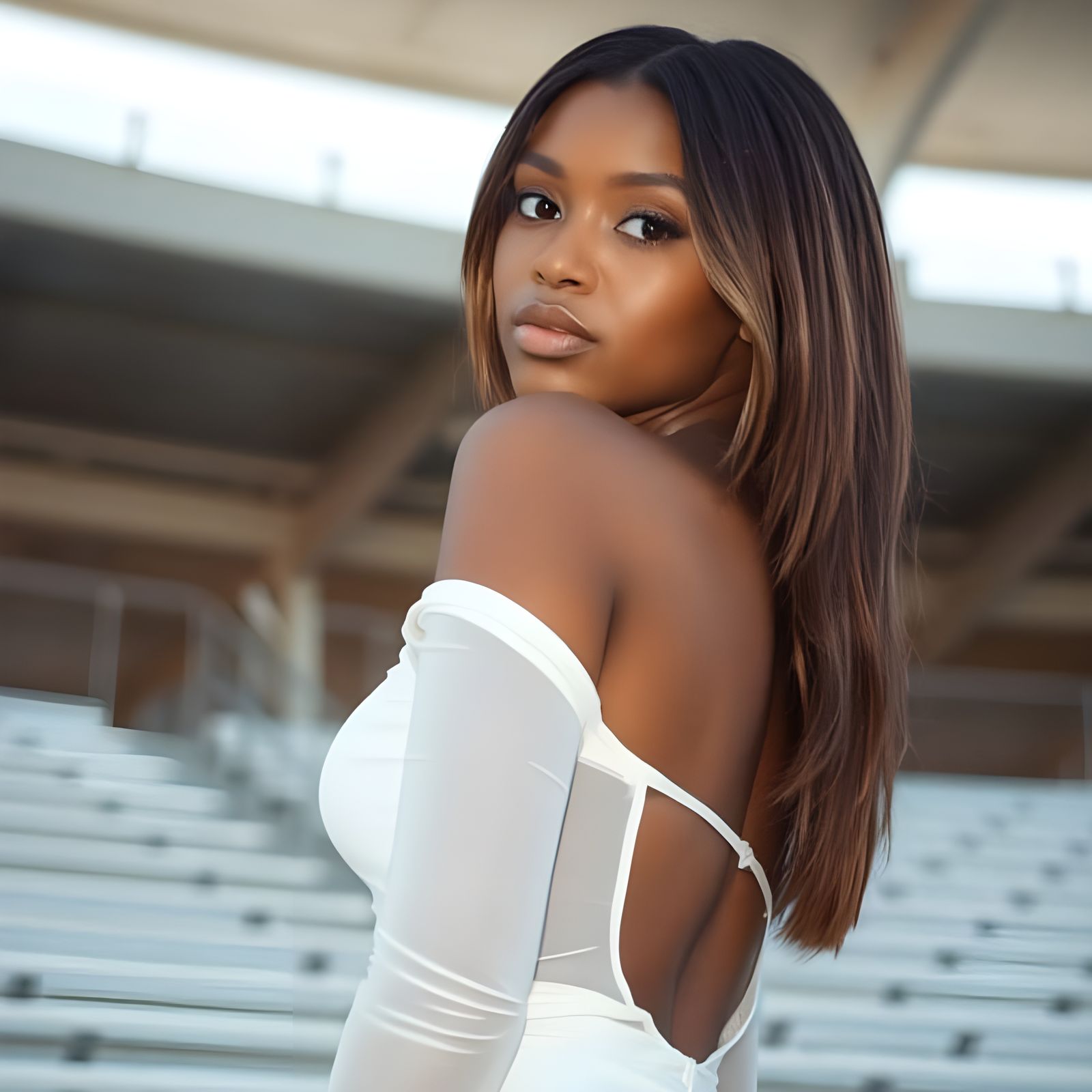 Sensual Portrait of a Young Black Woman Under Bleachers