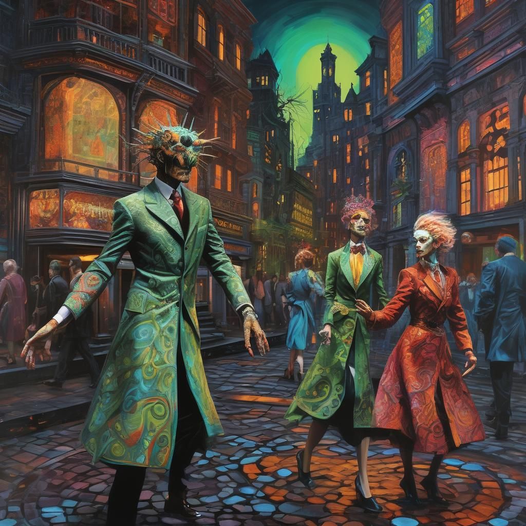 Androids and Humans Tango in Expressionistic Cityscape