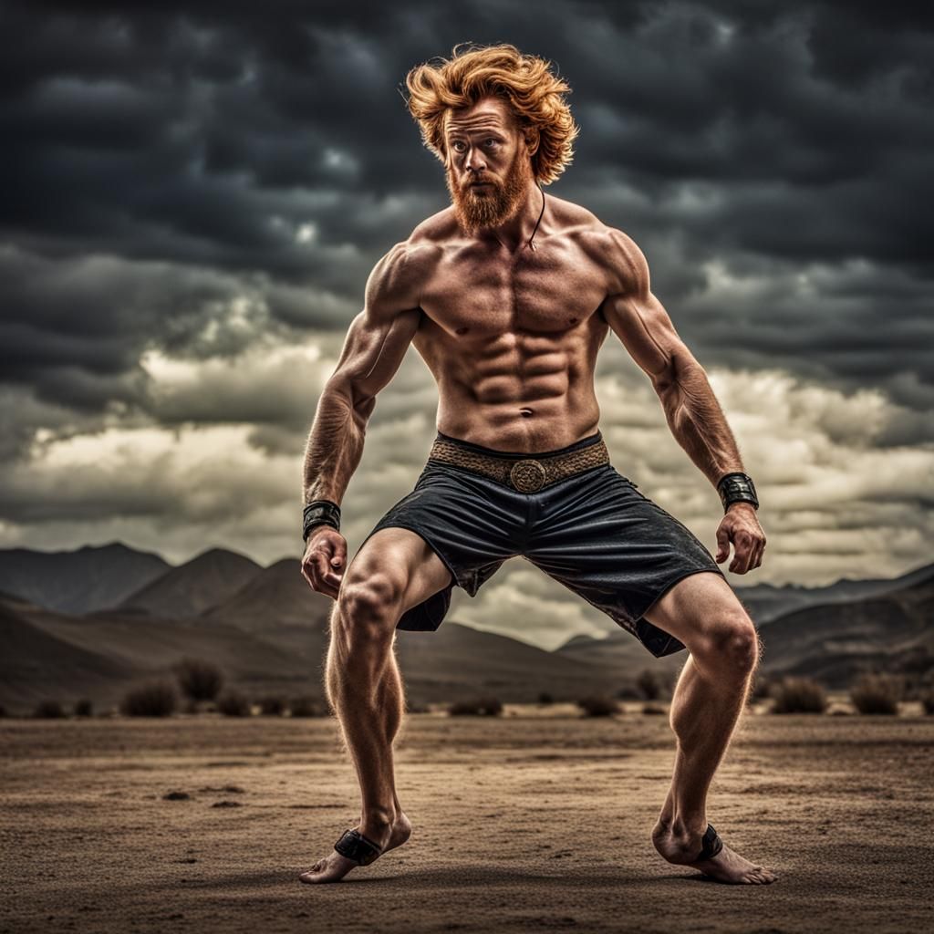 Shirtless Ginger Juggler in Hyperrealistic Style