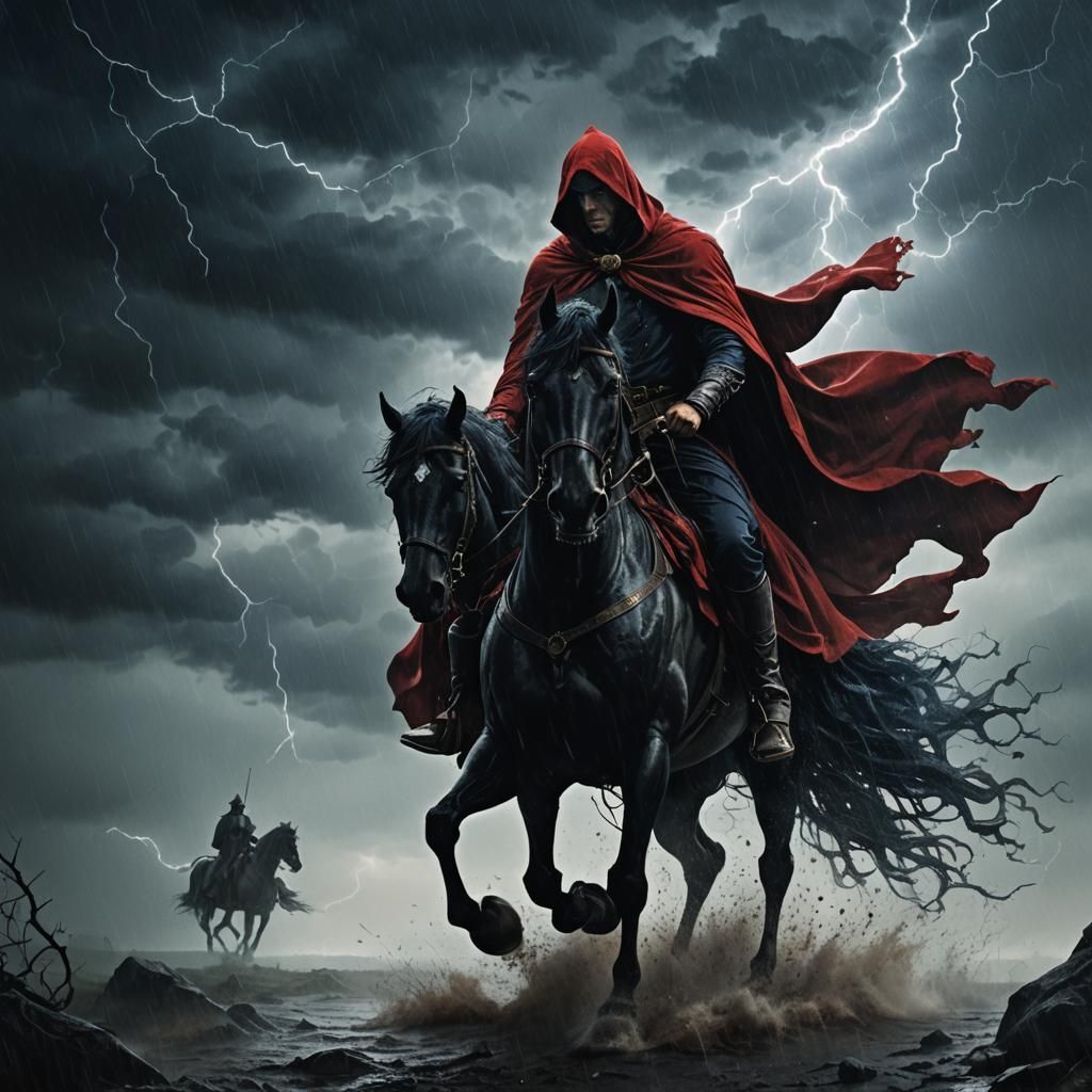 Horseman in Red Cloak, Dark Fantasy Illustration