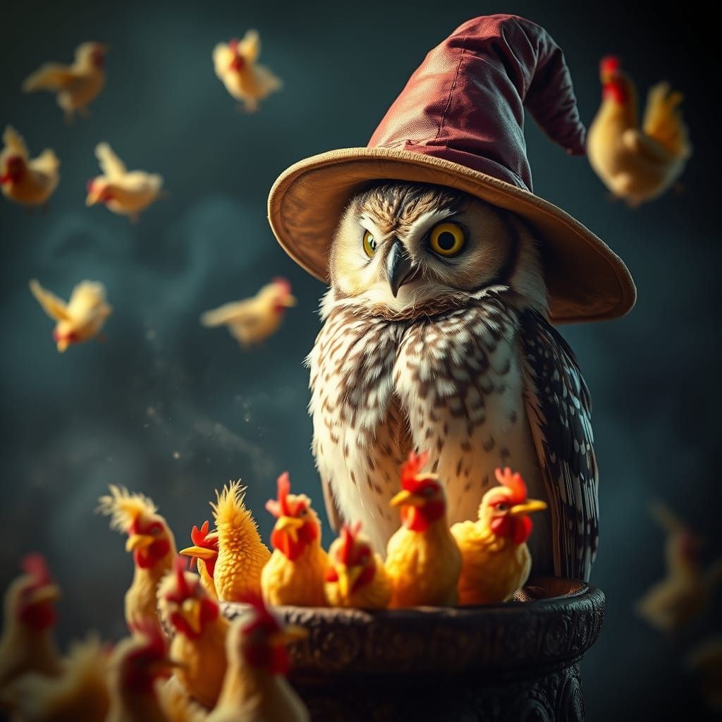 Owl Conjures Rubber Chickens in Dramatic Fantasy Art