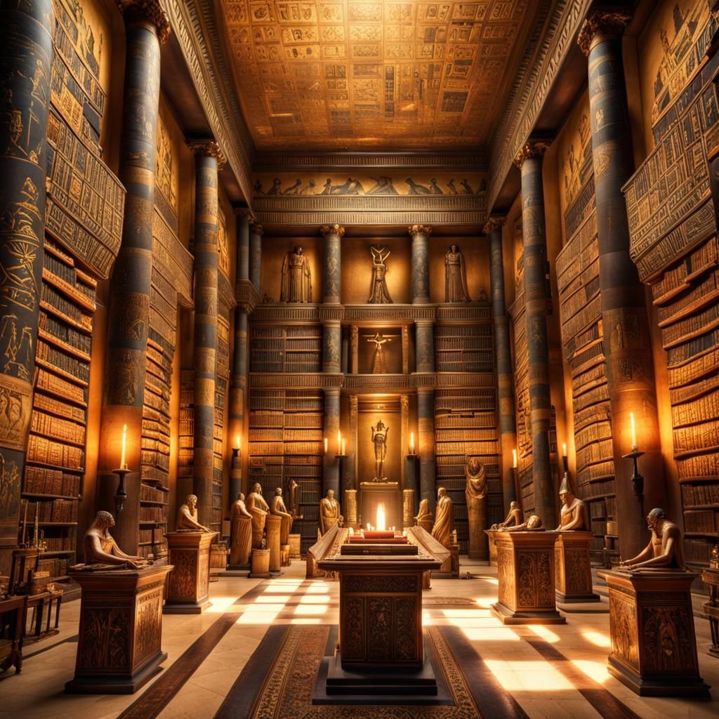 Ancient Egyptian Library with Golden Shrines