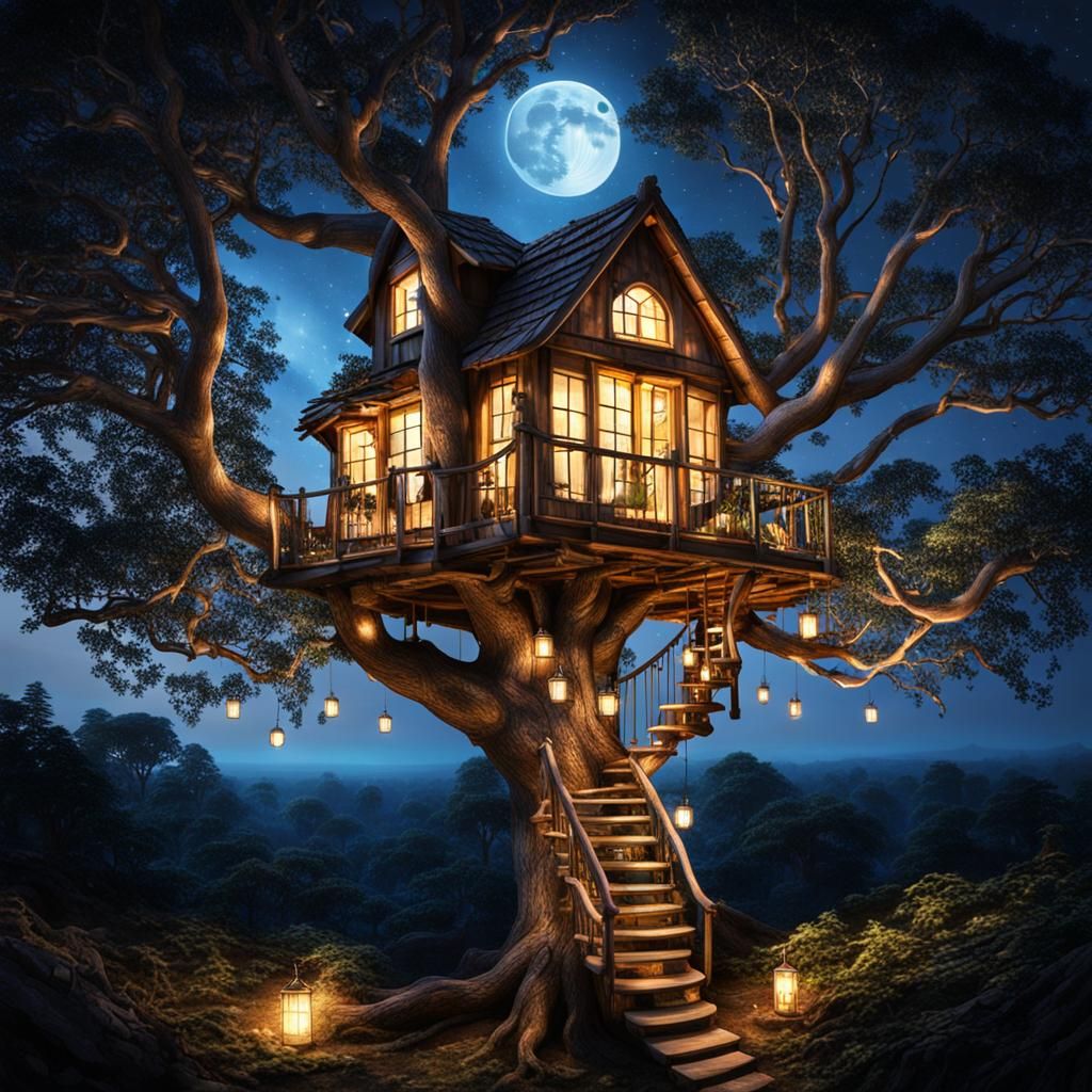 Moonlit Treehouse with Glowing Lights