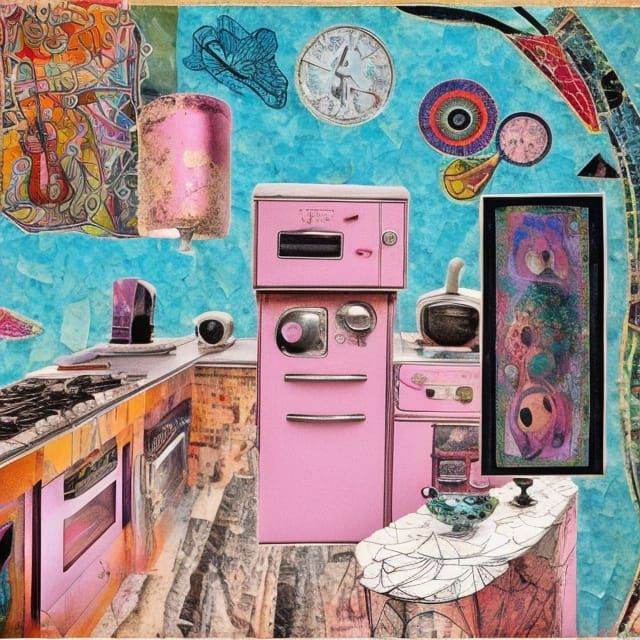Surreal Kitchen in Mixed Media Collage Style