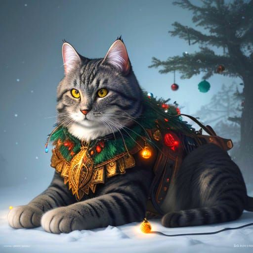 Fantastical Feline Under Christmas Tree in Whimsical Detaile...