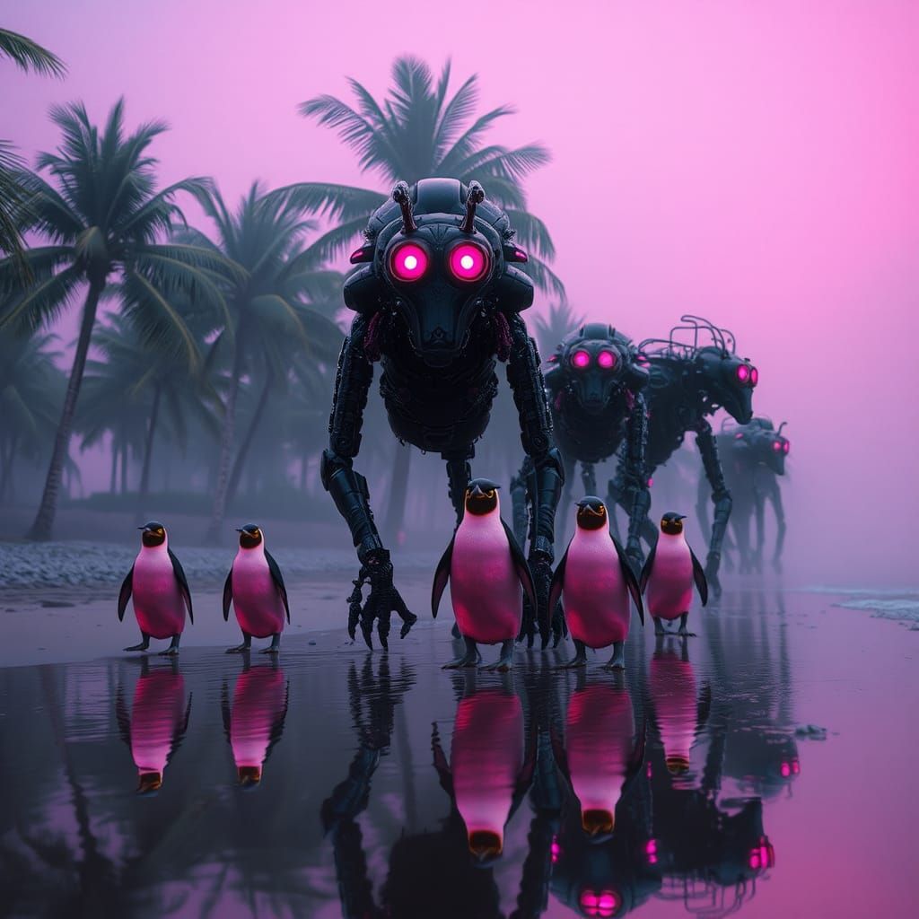 Biomechanical Creatures and Pink Penguins on a Beach