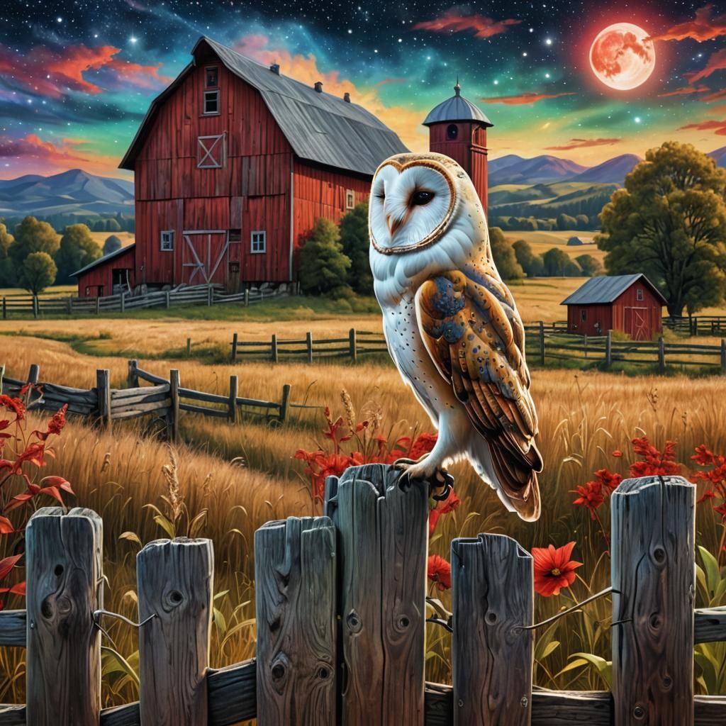 Barn Owl on Fence: Cosmic Astral Illustration