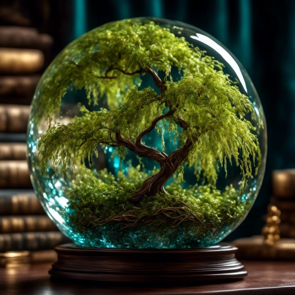 Hyperrealistic Crystal Ball Reflecting Weeping Willow