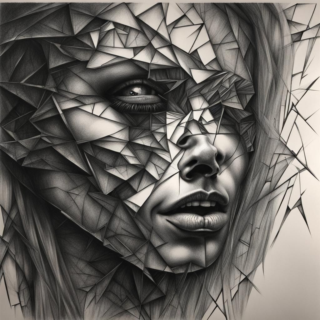 Hyperdetailed Charcoal Drawing of Shattered Crystal Face