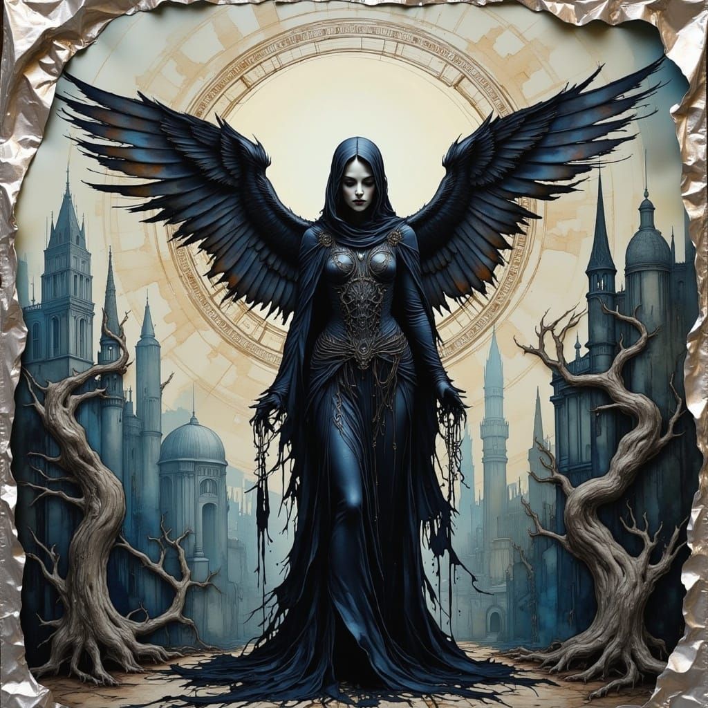 Surreal Night Goddess in Ruined Cityscape with Intricate Clo...