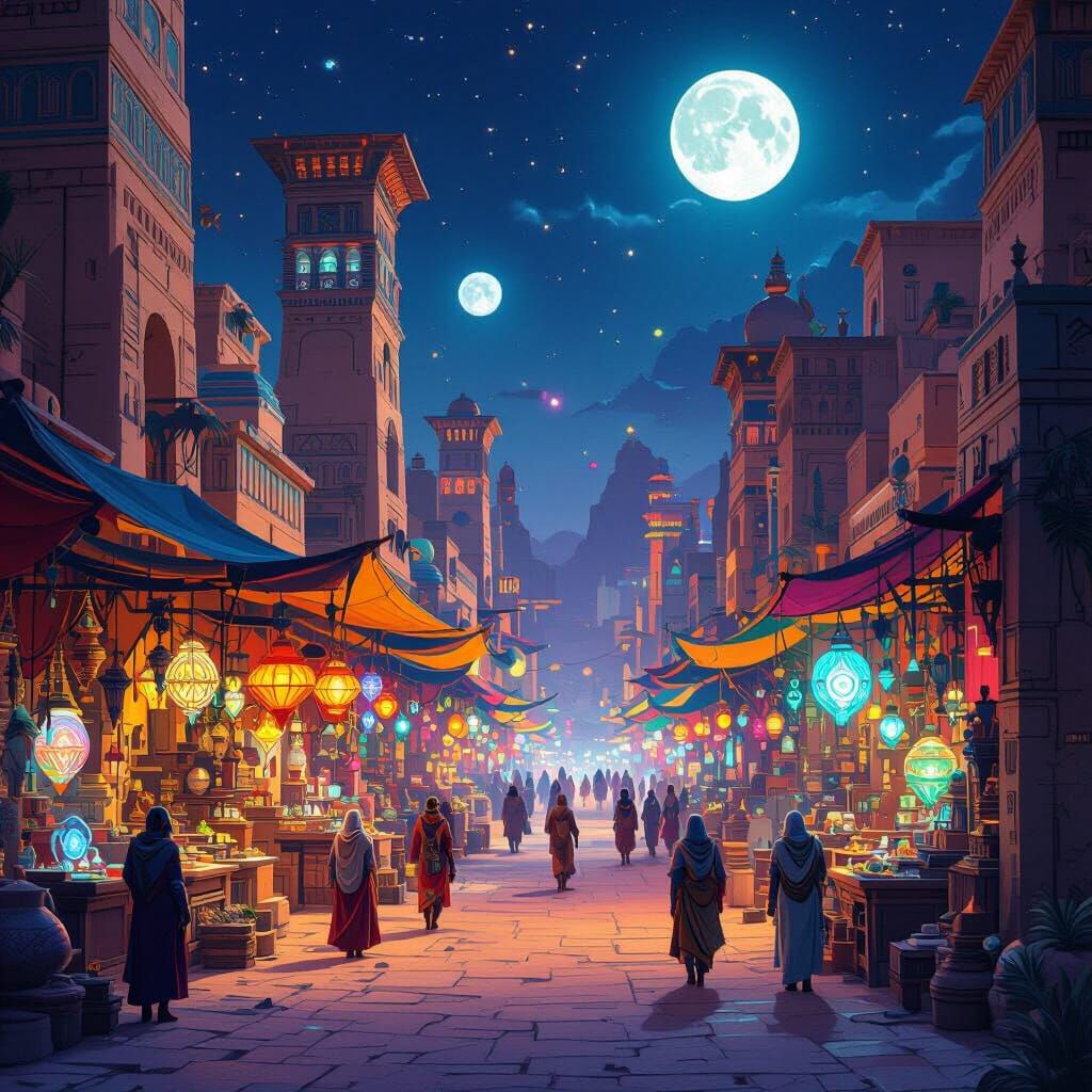 Fantasy Desert City Marketplace with Exotic Creatures and Gl...
