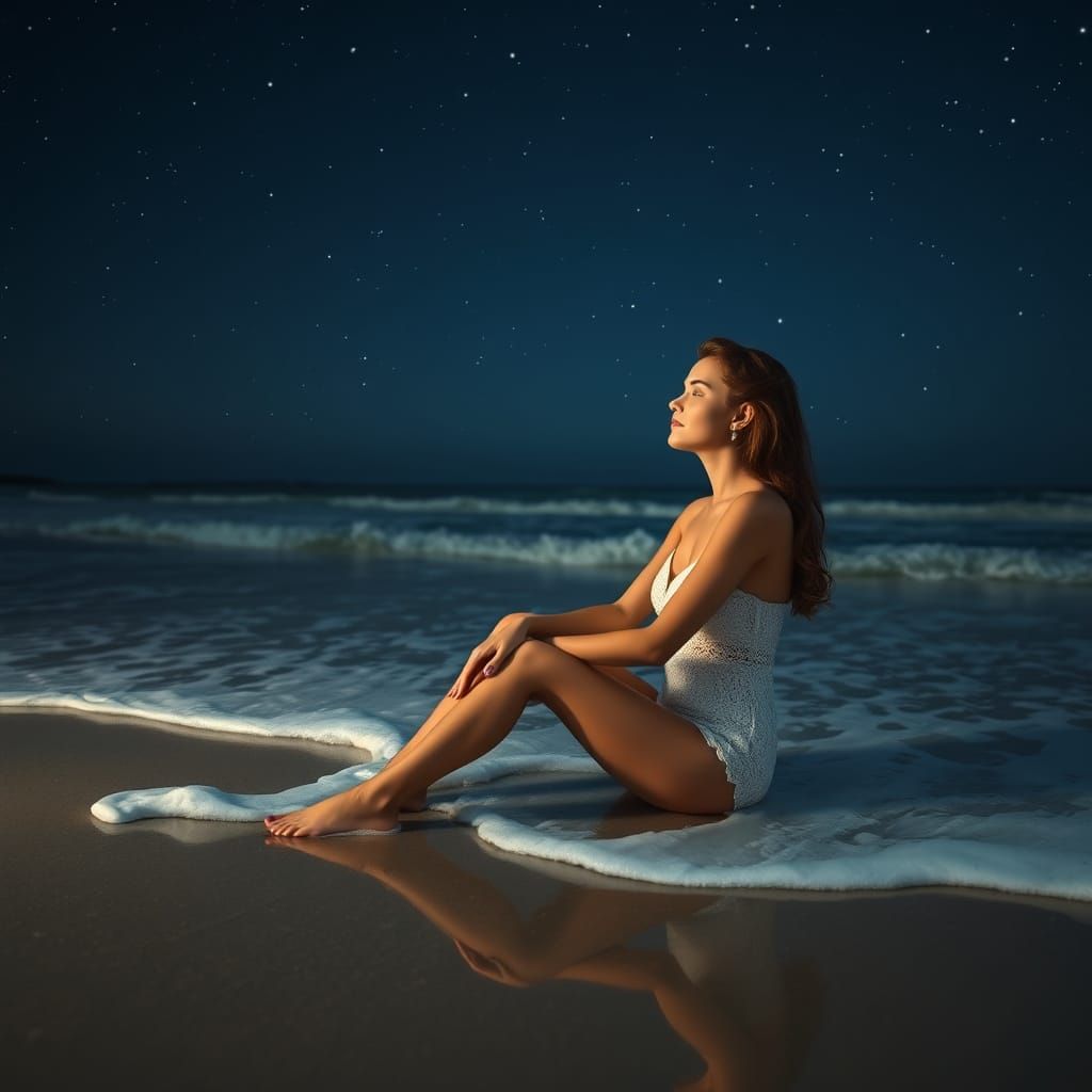 Woman on Beach at Night in Herté Style