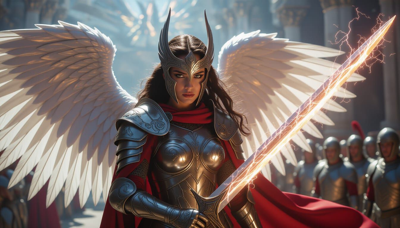 Armored Angel with Sword of Light in Heavenly Congress