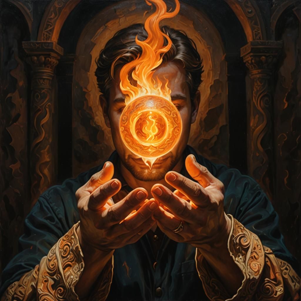 Mystical Temple: Man Holds Orb of Fire as Oil Painting