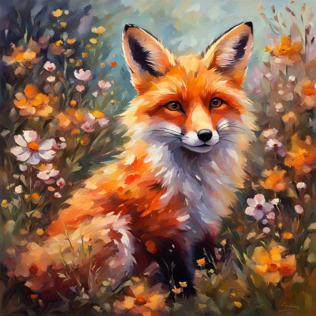 Cute Fox in Flowers, Vibrant Oil Painting