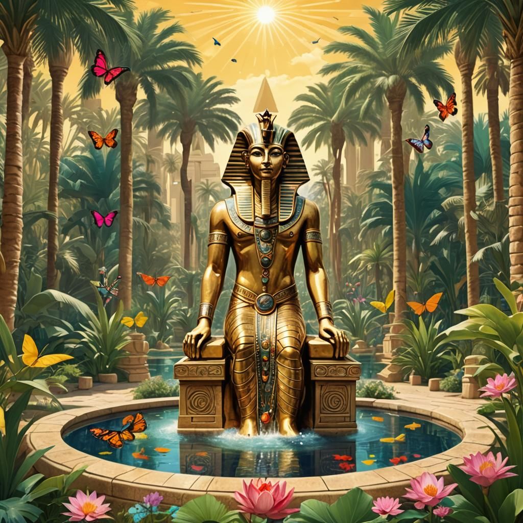 Art Nouveau Egyptian Garden with Pharaoh Statue