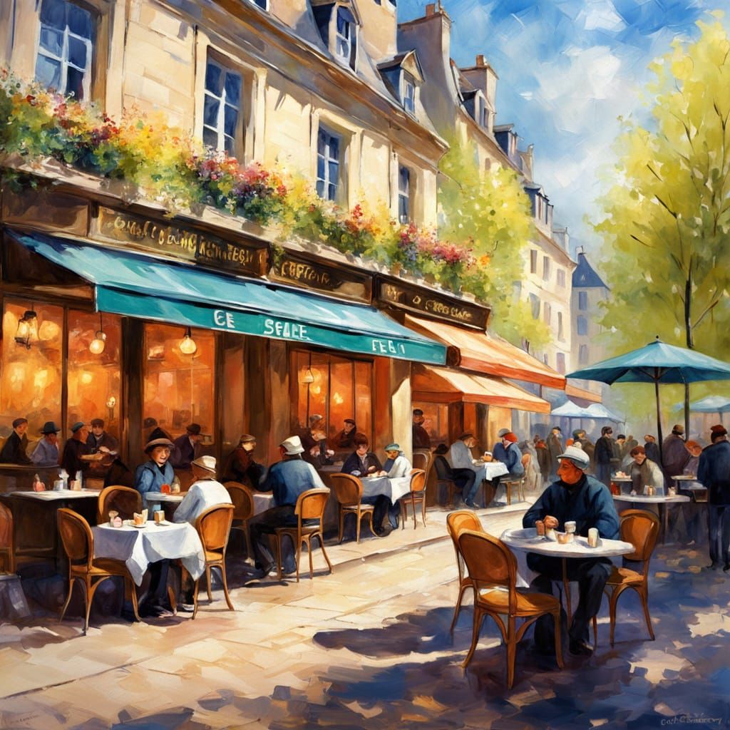 Impressionist French Cafe Scene in Spring