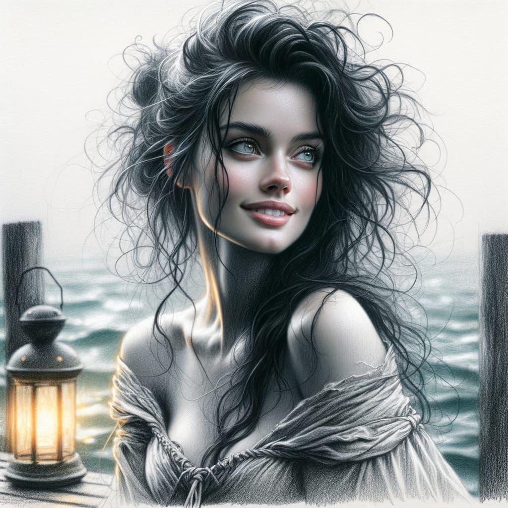 Norse Goddess with Lantern: Pencil Sketch