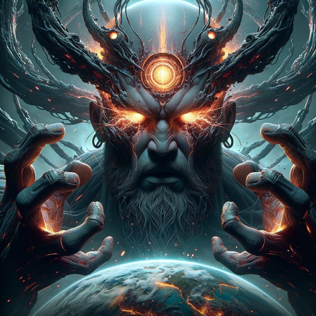 God of Destruction Tearing Apart Planet in Neon Black