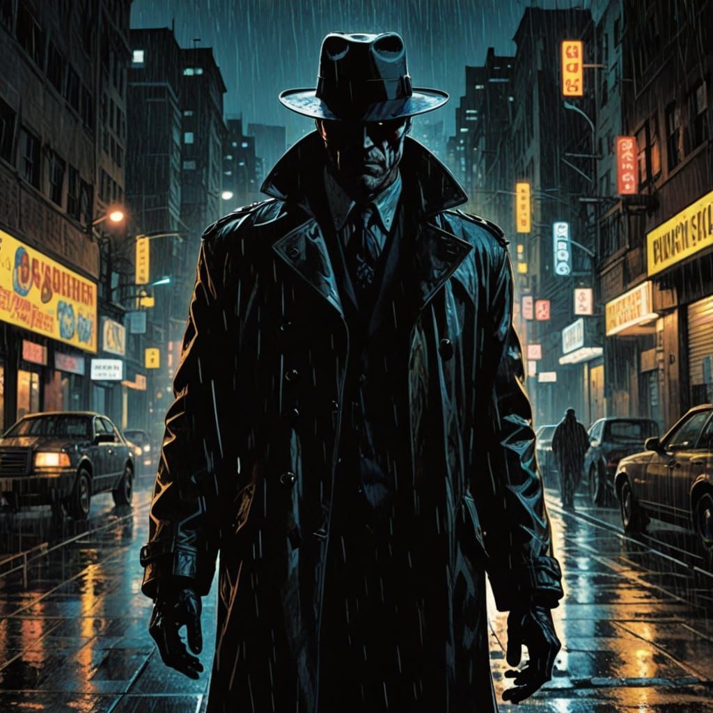 Rorschach Silhouette in Rainy City Night