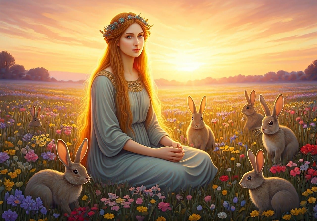 Celtic Goddess Eostre in Spring Field at Dawn
