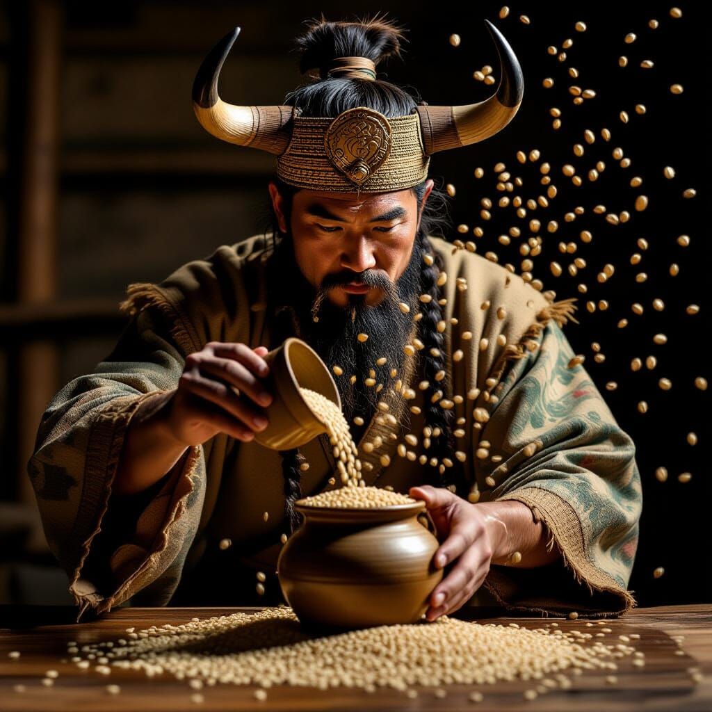 Shennong Pours Rice Grains in Cinematic Style