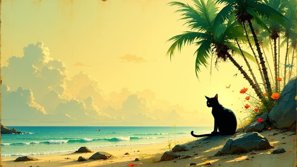 Cat in Seaside Paradise, Whimsical Dreamscape