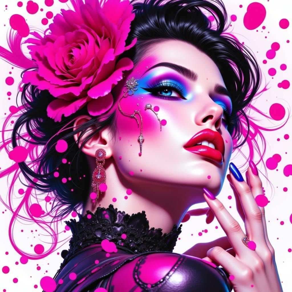 Neon Watercolor Glamour Portrait in Cyberpunk Aesthetic