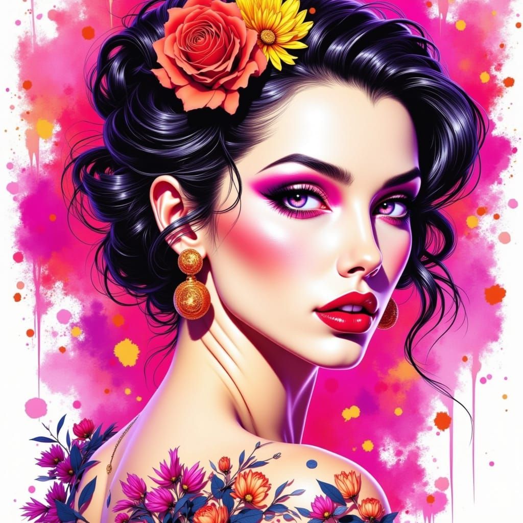 Glamorous Watercolor Portrait in Neon Colors