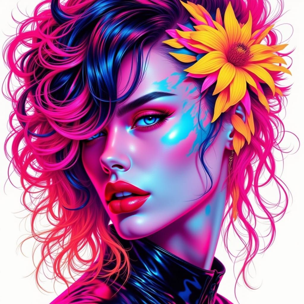 Neon Watercolor Glamour Portrait in Vibrant Murraypunk Style