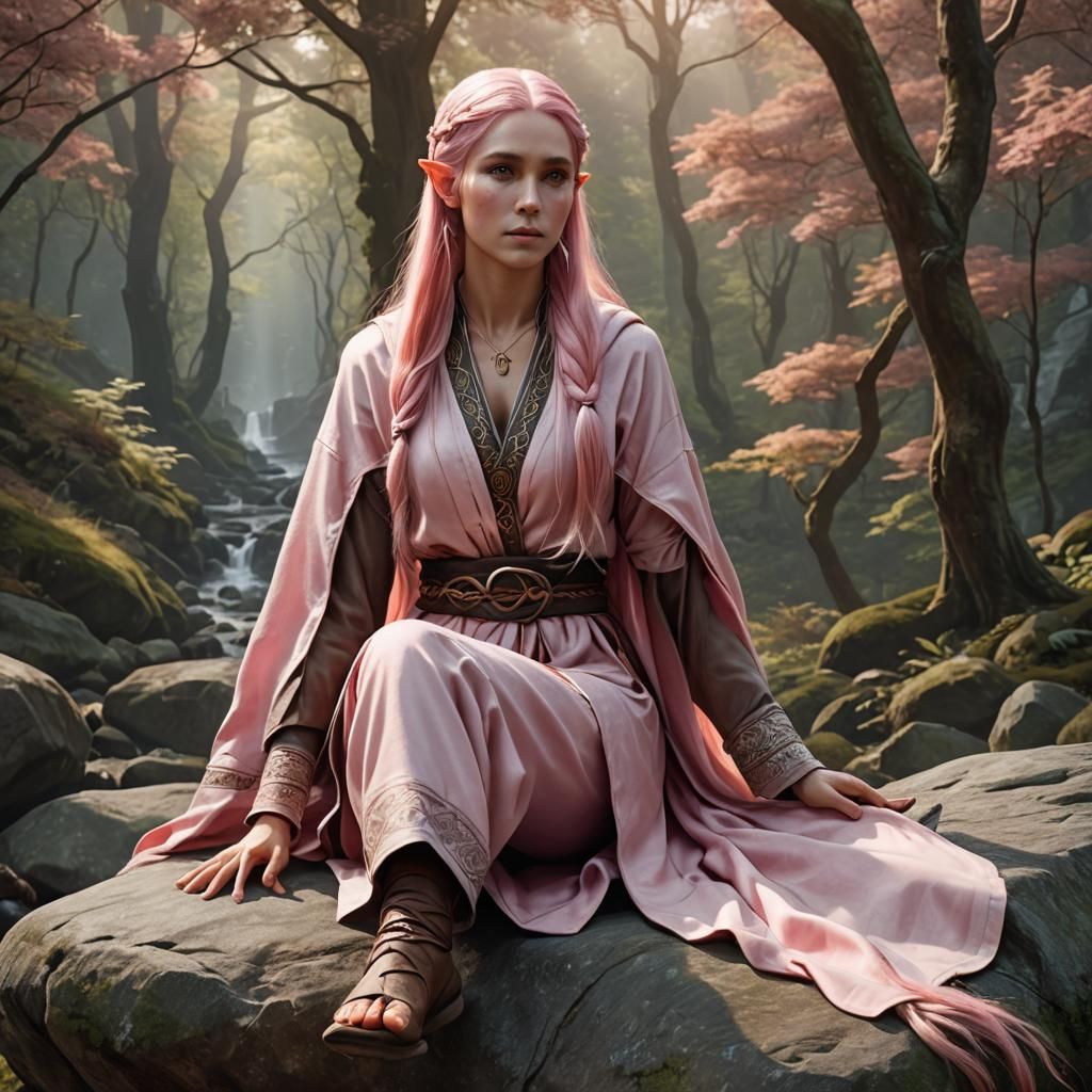 Pink-Haired Elf Overlooking Forest in Photorealistic Style