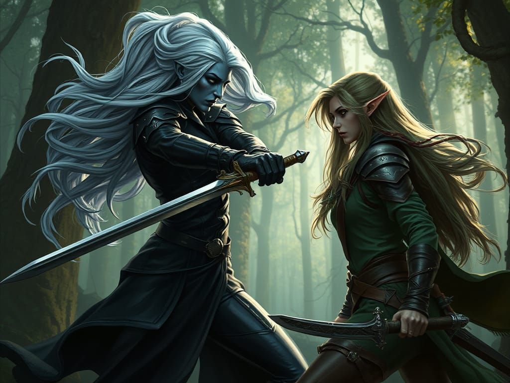 Fierce Drow Warrior Faces Off Against Elven Ranger in Ancien...
