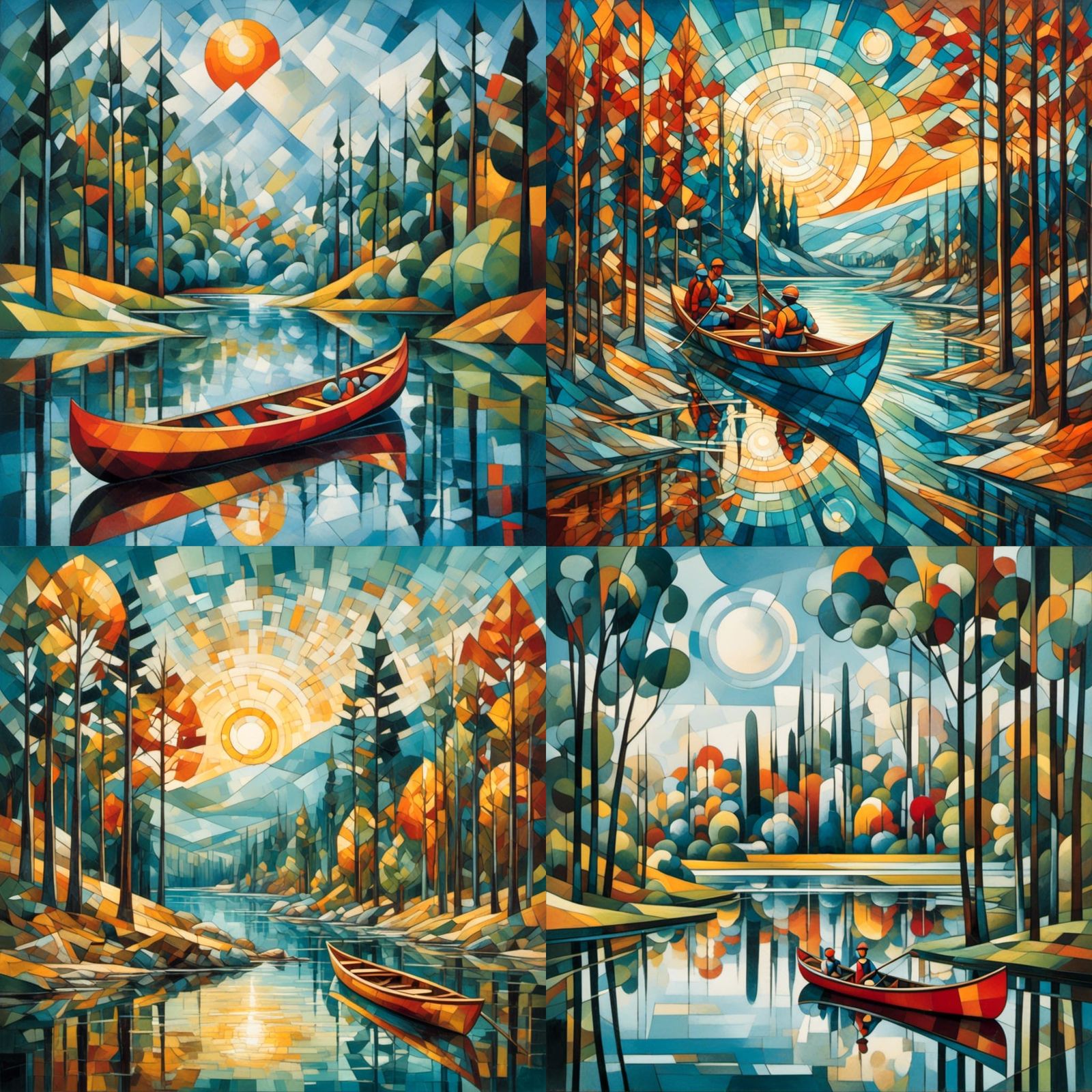 Cubist River Landscape with Geometric Shapes