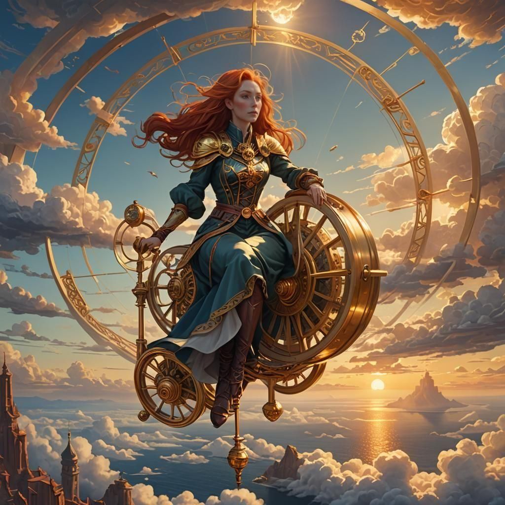 Redhead on Golden Gyroscope Gliding in Clouds