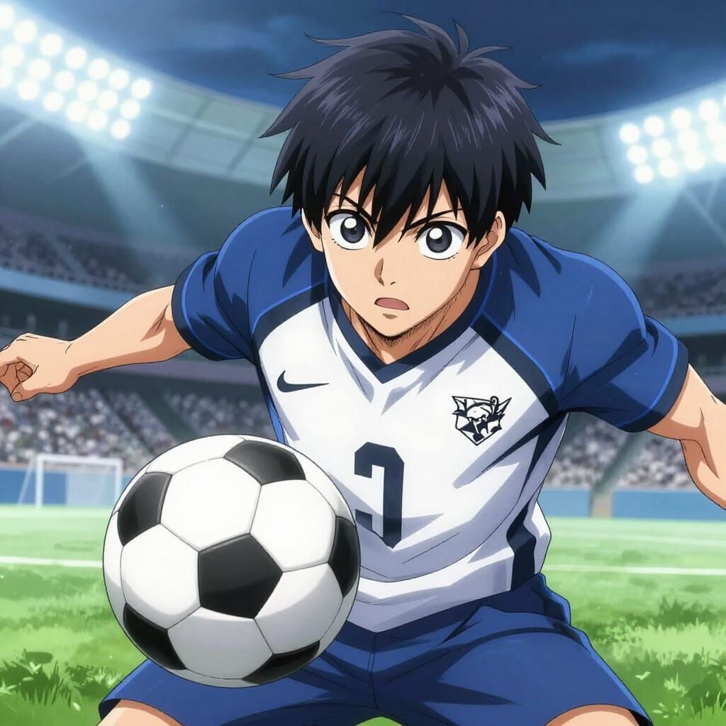 Dynamic Anime Key Visual of Yoichi Isagi Playing Soccer