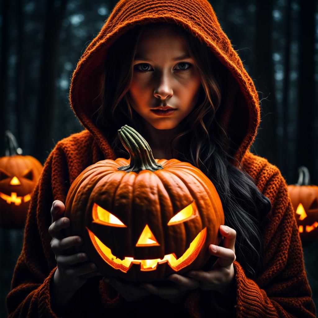 Creepy Girl with Horror Pumpkin Head: Hyperrealistic Image