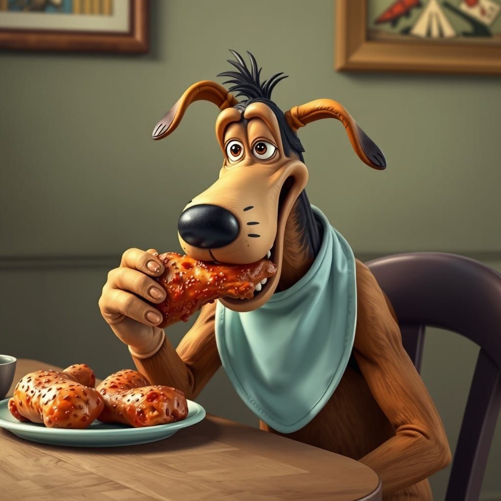 Goofy the Dog Dines in Style with a Chicken Leg