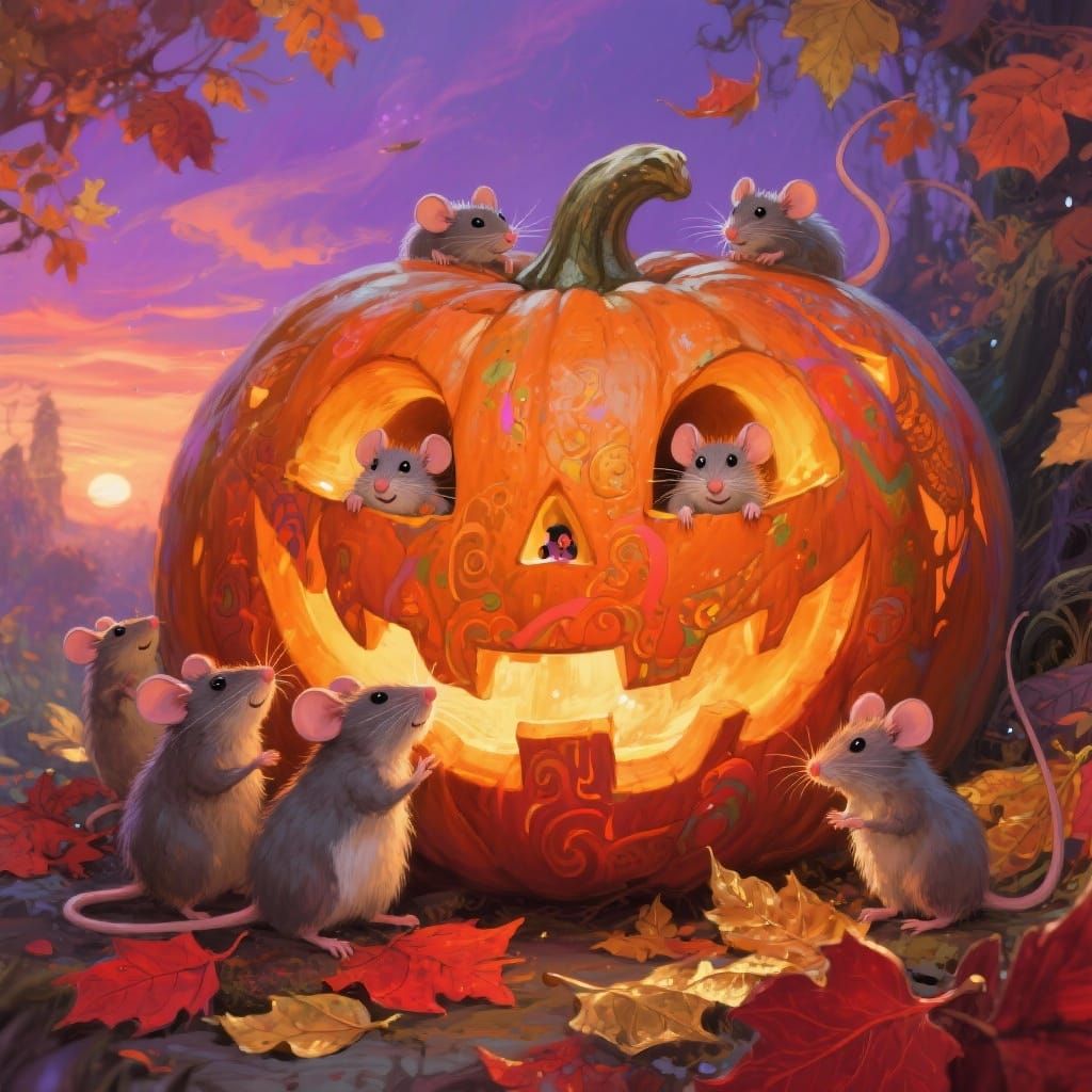 Giant Smiling Jack O Lantern With Mice