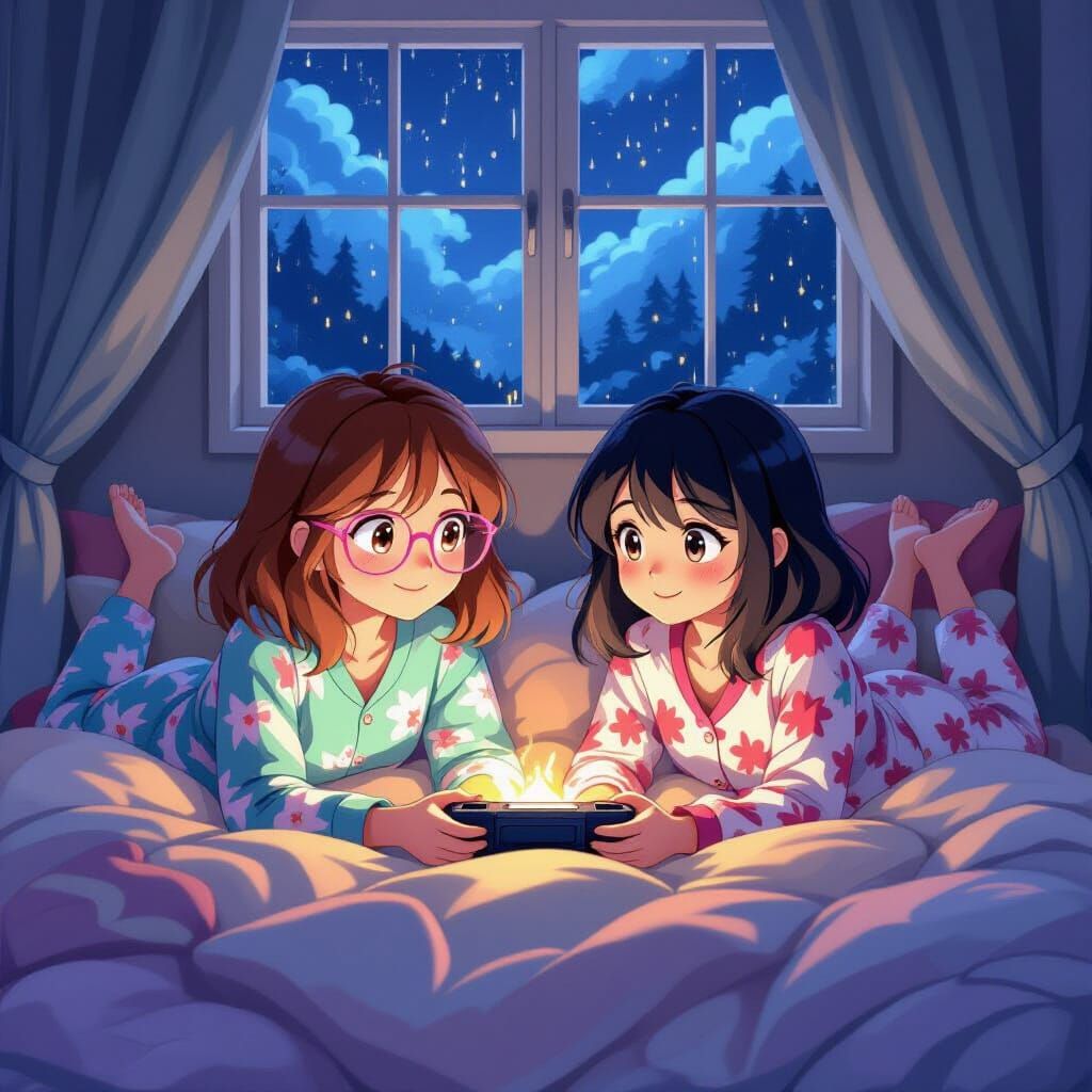 Cozy Sleepover Fort TV Night, in Anime Style