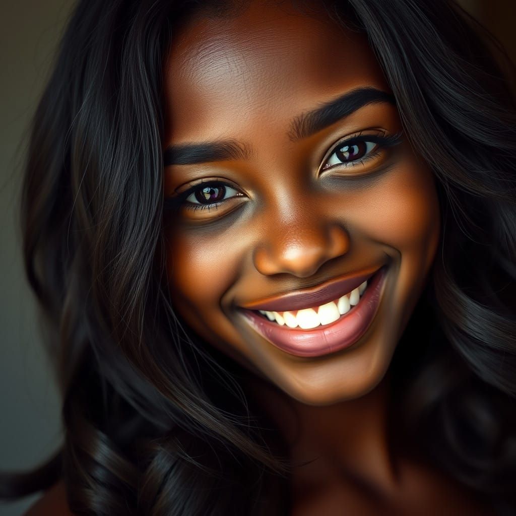 Radiant Young Woman with Deep Purple Eyes and Reddish-Brown....