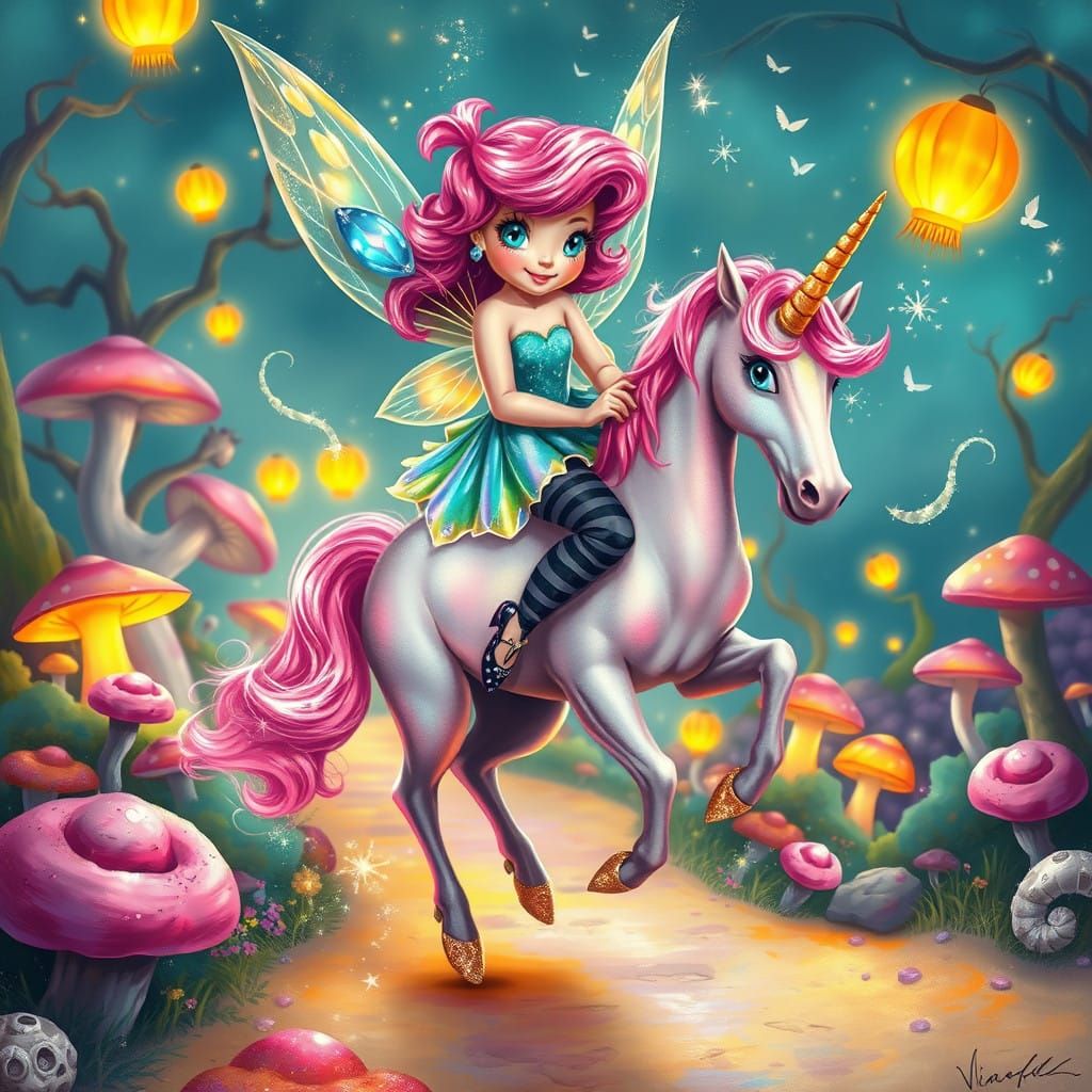 Whimsical Candyland Fairy with Unicorn and Glowing Mushrooms...