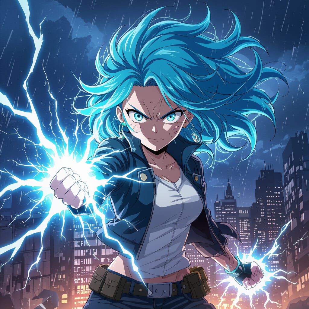 Cyan Haired Hero Sparks with Blue Electricity in Anime Style