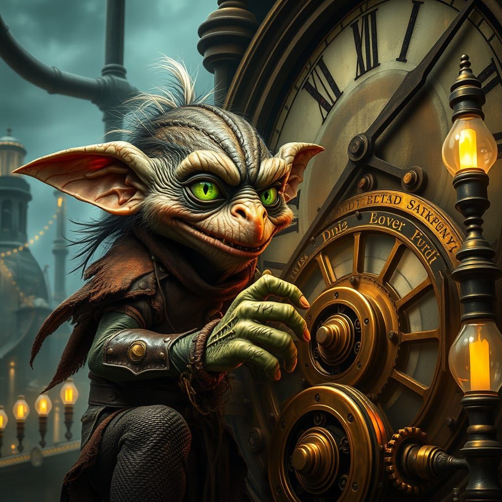 Steampunk Gremlin Tinkering in Clock Tower