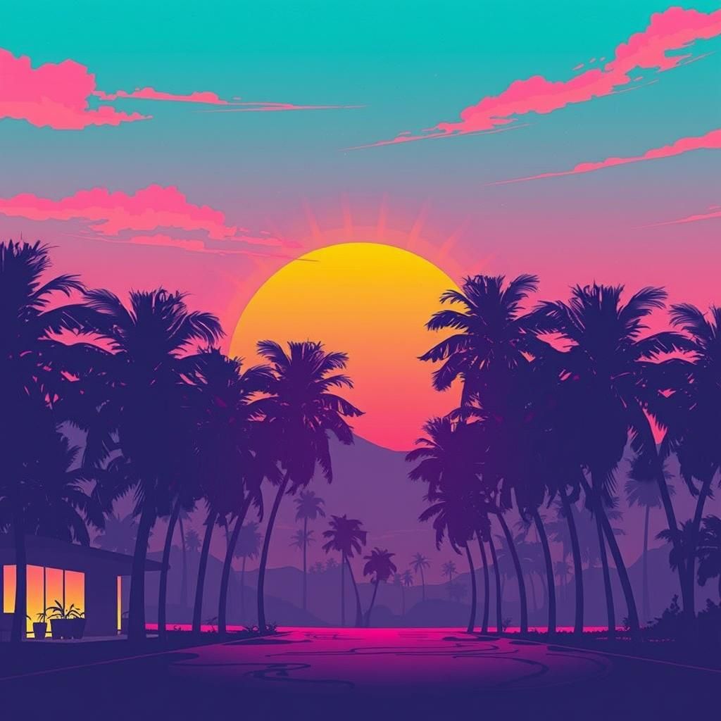 Vaporwave Woman Under Neon Palm Trees at Sunset